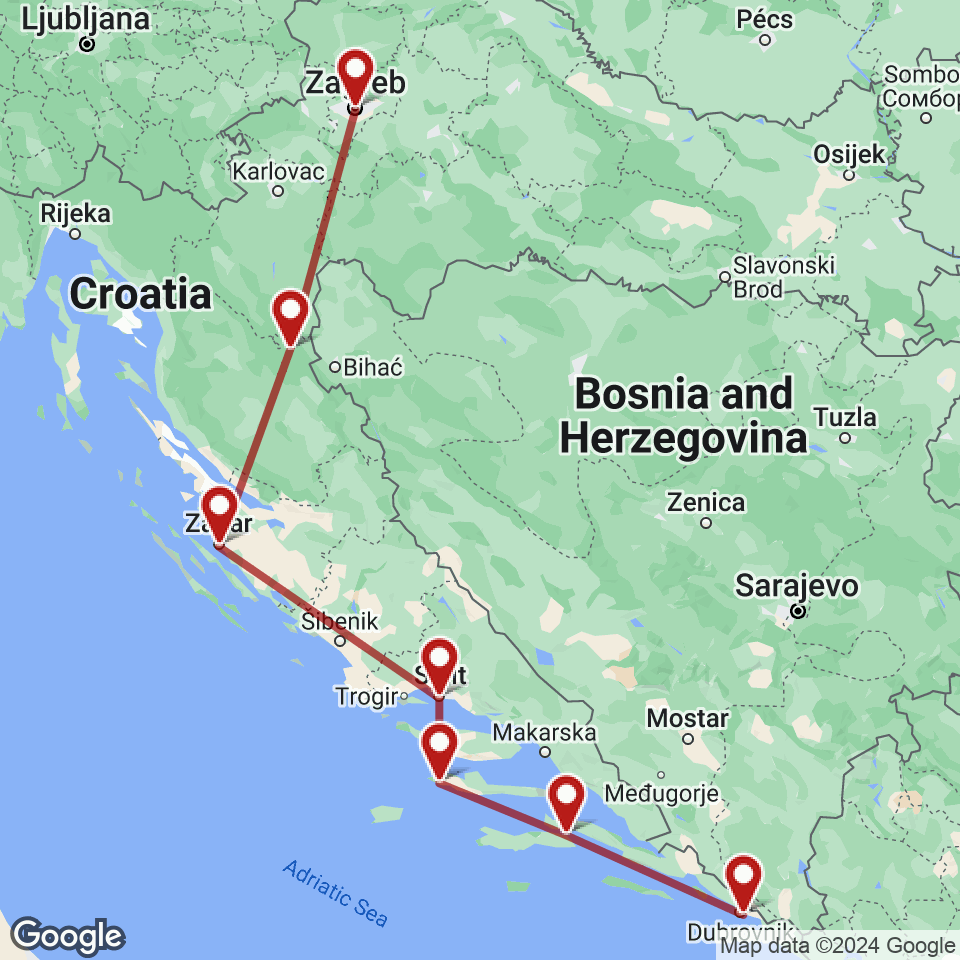 Route for Zagreb, Plitvice, Zadar, Split, Hvar, Korcula, Dubrovnik tour